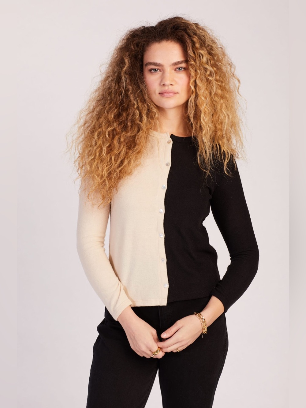 Donni. Duo Sweater Black Beige Color Block Button Front Minimalist Cardigan Sz M
